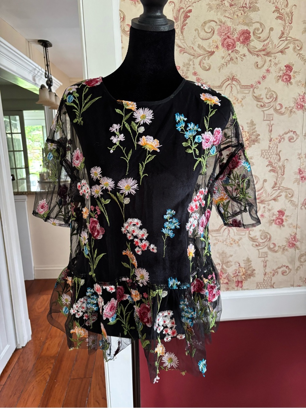 Dreamers Black Sheer Floral Embroidered Peplum Top